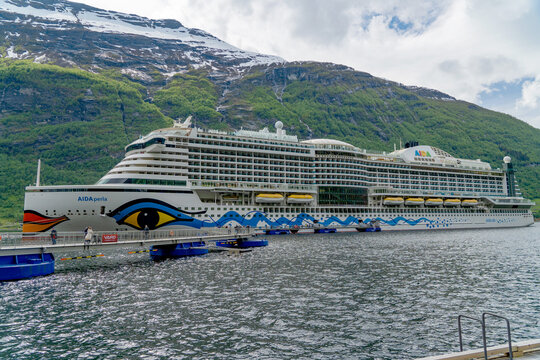 The cruise ship AIDA perla lie at anchor, Geiranger, Norway, June 04th 2022