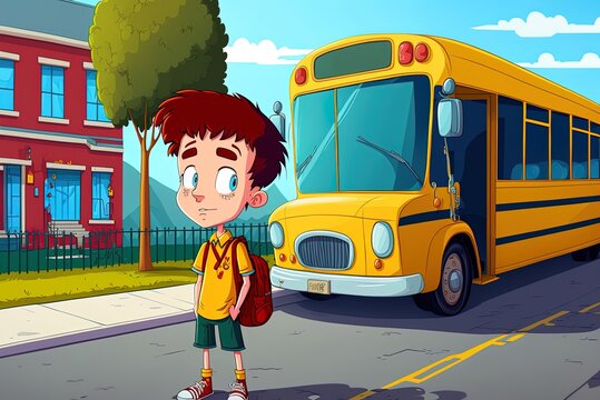 Teenagers Kids Cartoons Finished With Class Waiting For The School Bus Generative AI