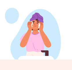 Small girl kid washing face with towel on hair in bathroom. Cute child doing morning hygiene