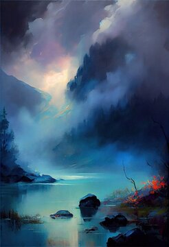 Misty lake Japanese Landscape painting Generative AI