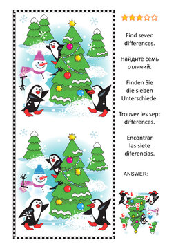 Winter holidays difference game. Christmas tree, snowman, penguins, outdoor scene. Celebration party. Answer included.
