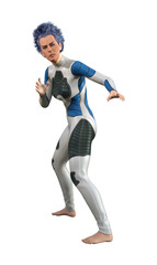 Illustration of a woman in an aggressive pose wearing a tight bodysuit and crazy blue hair isolated on a white background.