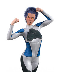 Illustration of a woman in a superhero pose with burning eyes in a tight bodysuit and blue crazy hair on a white background.