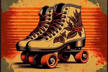A vintage illustration of roller skates with a retro design.. Generative AI