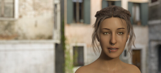Illustration of the upper shoulders and head of a woman with pierced nose and lip looking forward with old buildings in the background.