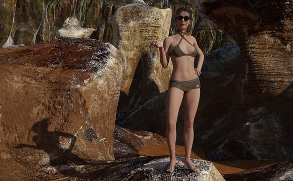 Illustration of a woman standing on rocky terrain with a cavewoman outfit on wearing sunglasses with one hand up in a questioning pose.