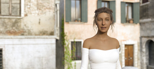 Illustration of a woman wearing a white top with pierced nose and lip ring looking forward with old buildings in the background.