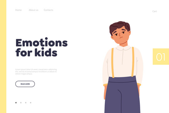 Emotions for kids concept of landing page with small boy sad and upset stand with no emotions