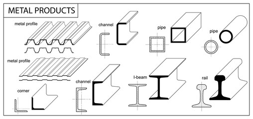 Metal rolled products profiles and isometric view. Steel beam, pipe, rail, girder, construction barss, corner, square, round tube. Aluminum elements for metalwork. CAD Set for metallurgy industry