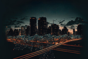 Fototapeta na wymiar indistinct line connections against a nighttime city backdrop. Generative AI