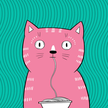 Cute Cartoon Cat Eating Spaghetti, Art, Cat And Food