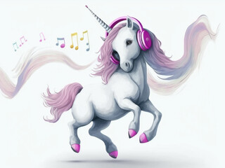 Obraz na płótnie Canvas Cute unicorn in headphones dancing, music and notes