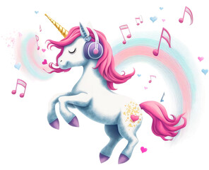 Obraz na płótnie Canvas Cute little cartoon unicorn wearing headphones, music and notes