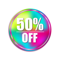 The discount coupon 50% off in colorful gradient effect