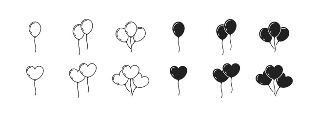 birthday baloon icon set. Round and heart shape baloon. Vector EPS 10