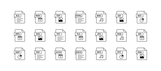 File types icon set. xls, mov, tiff, html, wav, gif, key, mp4, svg, txt, flv, jpg, m4a, avi, odp, pdf, avchd, docx, mp3, ppt, png. Vector EPS 10