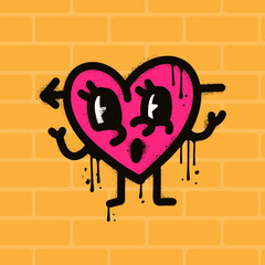 Urban graffiti - heart retroo cartoon mascot in 80s style, Valentine's day character. Romantic sprayed vector illustration for postcards, posters, stickers, print on clothes.