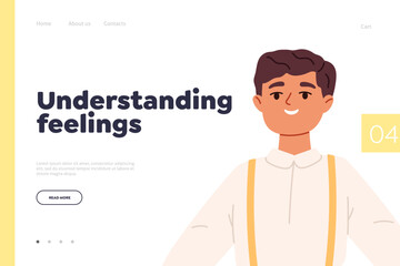 Understanding feelings concept of landing page with happy kid boy waving hands and jumping