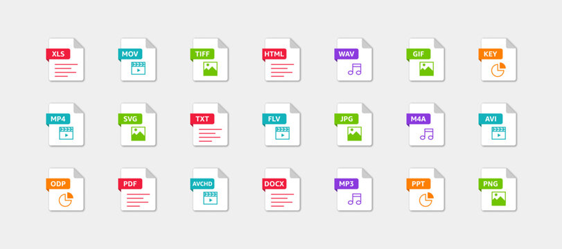 File types icon set. xls, mov, tiff, html, wav, gif, key, mp4, svg, txt, flv, jpg, m4a, avi, odp, pdf, avchd, docx, mp3, ppt, png. Vector EPS 10