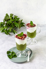 Delicious dessert with a layer of yogurt, nettle smoothie and honeysuckle jam. Dessert is served in a glass with a spoon. Copy space