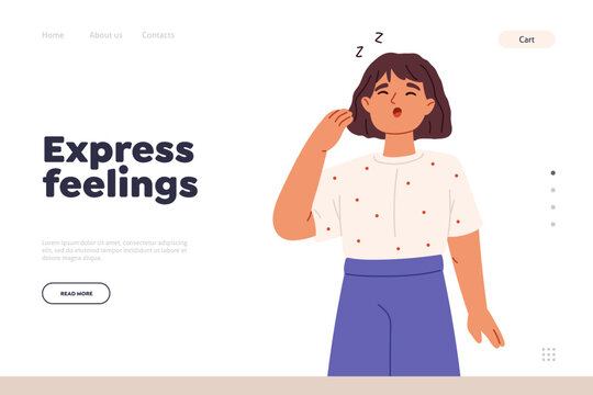 Express feelings concept of landing page with sleepy small kid girl yawn and stretch