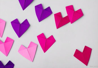 Obraz premium Illustration of pink and purple origami hearts scattered on white background made with Generative AI