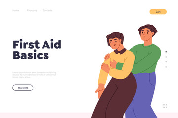 First aid basics concept of landing page with woman help to choking man with heimlich maneuver