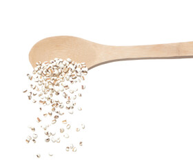 Job's Tear pour fall down from wooden spoon, white grain job tear float abstract fly. Beautiful job's tear splash stop in air, food object design. White background isolated high speed shutter freeze