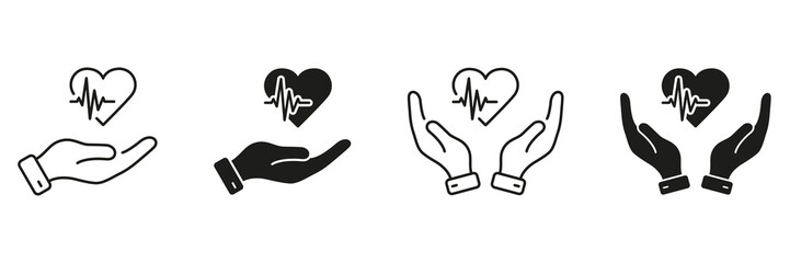 Heart Treatment Silhouette and Line Pictogram Set. Emergency Help and Diagnosis. Human Hands Hold Heart Emotional Support Symbol Concept. Cardiogram Icon. Isolated Vector Illustration