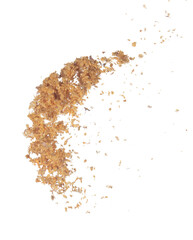 Fried Garlic pour fall down explosion, golden yellow fried garlic float abstract fly. Beautiful fried garlic splash stop in air, food object design. White background isolated high speed freeze