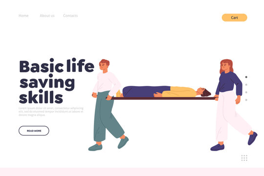 Basic life saving skills concept of landing page with man and woman transporting injured patient