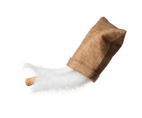 Pure refined Sugar in sack bag flying explosion, white crystal sugar fall abstract fly. Pure refined sugar bag splash in air, food object design. white background isolated high speed freeze motion