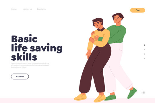 Basic life saving skills concept of landing page with woman giving help to choking man