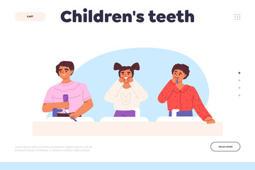 Children teeth concept of landing page with kids care for oral health. Small children brushing tooth