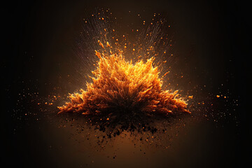 Realistic fire explosion, orange color with sparks isolated on black background. Generative AI - obrazy, fototapety, plakaty