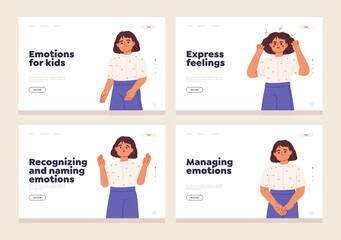Understanding feelings and managing kids emotions concept of template landing pages set