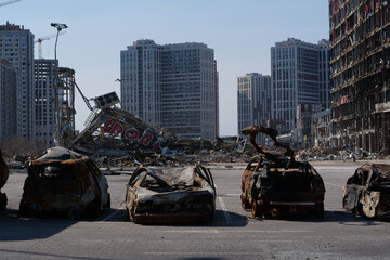 Russian missile destroyed cars and shopping center Retroville in Kyiv, Ukraine