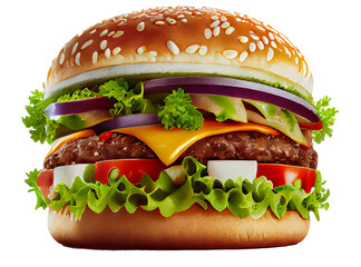 Beef Burger On White Background. Generative AI - obrazy, fototapety, plakaty