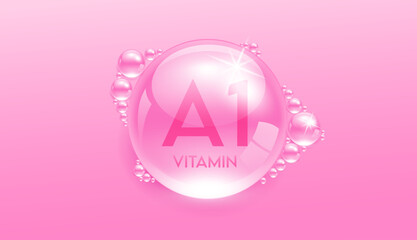 Drop water vitamin A1 pink. Vitamins complex collagen serum. Beauty treatment skincare. Medical and scientific concepts. 3D Realistic Vector EPS10.