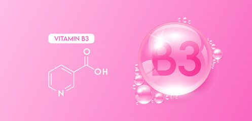 Drop water vitamin B3 pink with chemical structure. Vitamins complex collagen serum. Beauty treatment skincare. Medical and scientific concepts. 3D Realistic Vector EPS10.