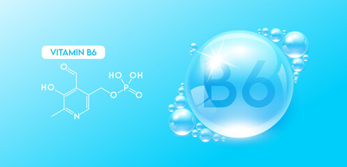 Drop water vitamin B6 blue with chemical structure. Vitamins complex collagen serum. Beauty treatment skincare. Medical and scientific concepts. 3D Realistic Vector EPS10.