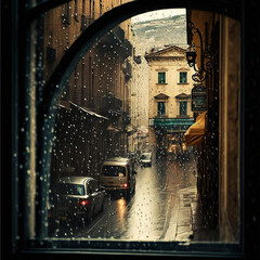Street seen through window on a rainy day. Generative AI.