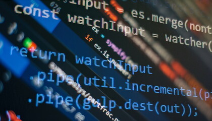 Obraz premium Abstract computer script about big data and blockchain database. Software developer programming code. Mining Cryptocurrency process program on display PC. Using Software.