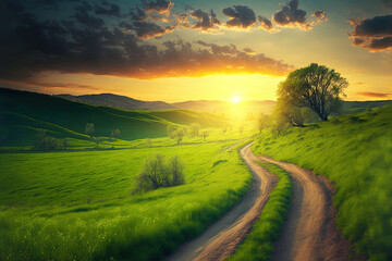 Fototapeta premium Scenic view at beautiful spring sunset in a green shiny field with green grass and golden sun rays, deep blue cloudy sky on a background , forest and country road, summer valley landscape. Generative