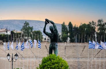 Poster view from classical Athens with Panathenaic stadium (1st olympic games at 1896) and statue of discobolus stading opposite it. Greece © Aggelos Images