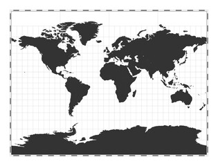 Vector world map. Miller cylindrical projection. Plain world geographical map with latitude and longitude lines. Centered to 0deg longitude. Vector illustration.