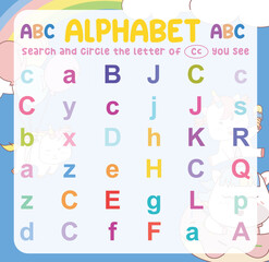 Search and circle the uppercase and lowercase of the A letter on the worksheet. Exercise for children to recognize the alphabet. Educational sheet for preschool. Vector file.