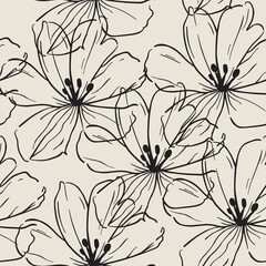seamless flower aop. all over print. line drawing