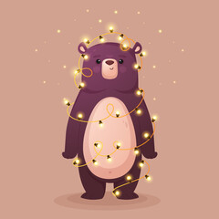 Cute bear with fireflies, funny teddy bear, vector illustration