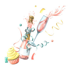 A bottle and a glass of pink champagne with cupcake, confetti and streamers. Watercolor illustration. A composition from the HAPPY BIRTHDAY collection. For the decoration and design of greetings. © NATASHA-CHU